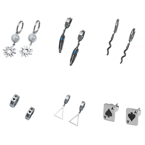 Six silver stainless steel earrings for men including snake, sun, and poker charms