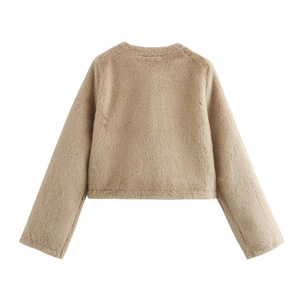 Veste courte en fausse fourrure pour femme en kaki clair avec manches longues et col rond