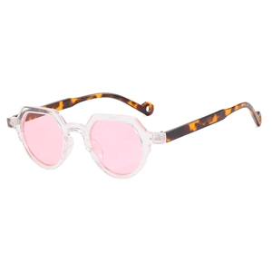 Retro small round sunglasses with transparent frames and pink lenses with tortoise temples