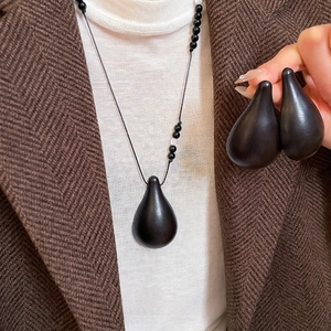 Retro Teardrop Necklace And Earrings For Women Wood Beaded Minimalist Zen Accessory With Silver Earring Post