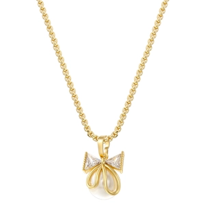 Elegant gold bow necklace with a white pearl pendant and triangular zircon stones