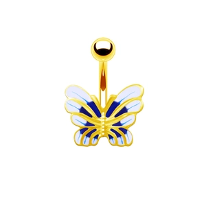 Detaillierte Makroansicht eines goldenen Schmetterlings-Bauchnabelpiercings mit Emaille