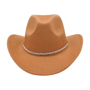 Close-up of camel felt cowboy hat with sparkling pearl and rhinestone decorative band