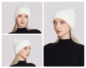 Detailed view of white knitted beanie hat from multiple angles on a model