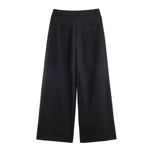 Women's black wide-leg suit trousers with minimalist rear pocket and high drape fabric
