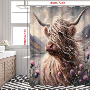Detailed dimension chart of 180x180cm highland cow and thistle waterproof shower curtain