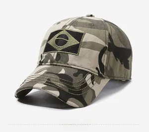 Detailed 45-degree side view of a camouflage baseball cap with Brazil flag embroidery