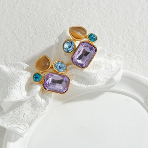 Orecchini di lusso in oro 18K con pietre preziose viola rettangolari e ambra ovale