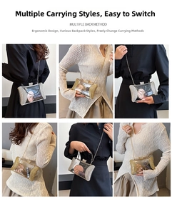 Detail view of transparent mini bag with sparkling rhinestones and silver chain strap