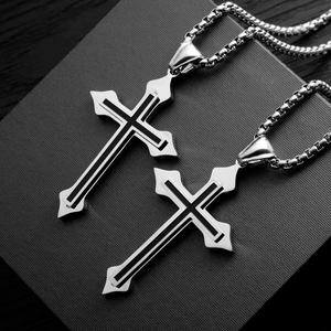 Silver stainless steel cross necklaces with black inlay on grey textured gift box