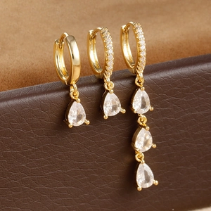 Three-piece gold water drop earring set with sparkling micro-pave cubic zirconia