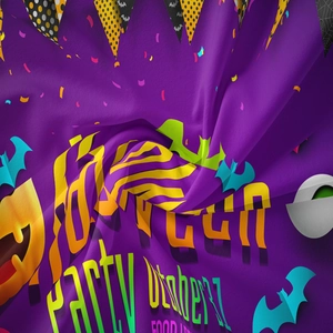 Detail of soft purple Halloween tapestry fabric with vibrant printed party graphics