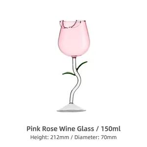 Detail showing pink rose flower wine glass with green stem and 150ml dimensions