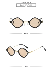 Front and side views of black geometric diamond frame sunglasses with champagne lenses