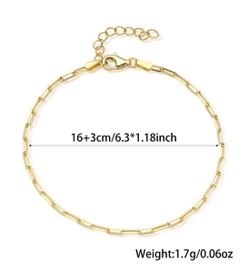 Detail of gold paperclip link bracelet with 16+3cm size specs and 925 silver stamp