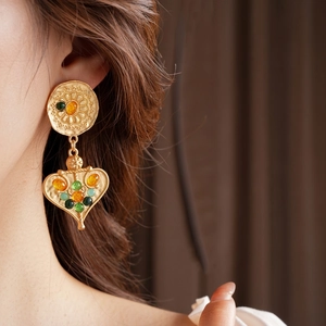 Vintage gold matte earrings with colorful gemstones and floral heart pendant