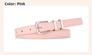 Pink slim waist belt for women with silver metal buckle and dual loops on white base
