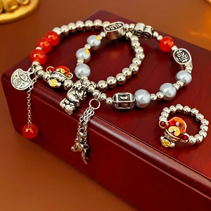 Alloy Imitation Artificial Pearl Agate Bracelet And Ring Chinese Style Dragon Fu Character Festive Gift Jewelry For Women