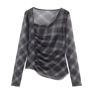 Women plaid sheer mesh long sleeve top and skirt set with asymmetric ruched hem