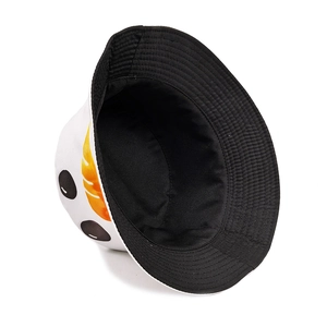 White snowman bucket hat with cartoon face print and black interior for outdoor sun protection