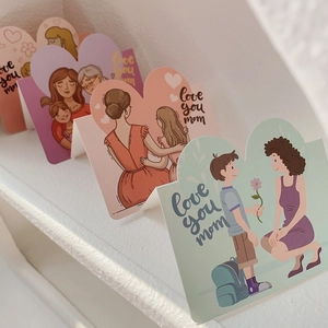 Cartoon Mother's Day cards featuring warm mother-child illustrations and love you mom text