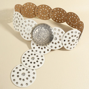 Retro Bohemian wide belt with carved metal buckle and white brown disc leather design
