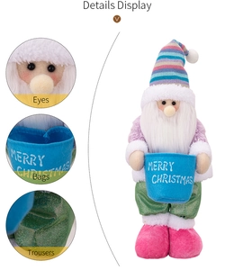 Detail view of Christmas gnome doll with striped hat and blue Merry Christmas bucket