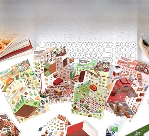 Detailed 2.5D isometric PET stickers showing cute home scenes and miniature furniture