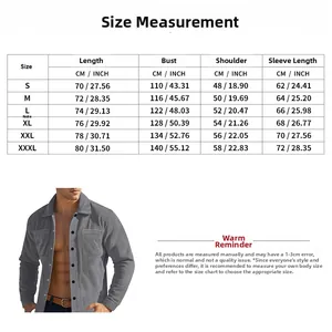 Detailed size chart for corduroy button-down shirt with measurements in CM and INCH