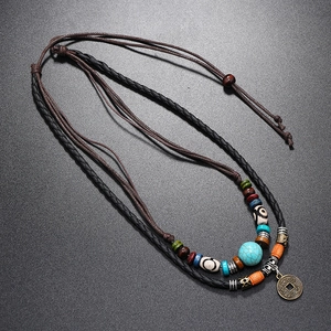 Retro multilayer leather necklace with turquoise beads and bronze coin pendant for men