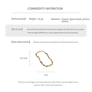 Detail showing materials and 112.3cm length specification for glass bead necklace