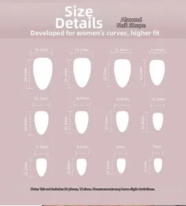 Tableau des tailles pour 24 faux ongles amande press-on en 12 dimensions variées