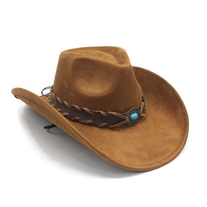 Detail of a brown suede cowboy hat featuring a braided band and turquoise stone accent