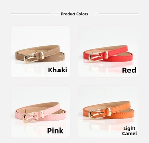 Detail showing skinny PU leather belts in khaki, red, pink, and light tan with gold buckles