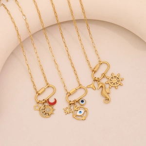 Stainless Steel Pendant Necklace Star Moon Evil Eye Seahorse Charms Carabiner Link Gold Plated Jewelry For Women