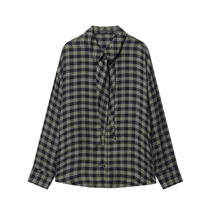 Women Plaid Blouse Long Sleeve Polyester Pussy-Bow Tie Neck Shirt Vintage British Style Office Lady Elegant