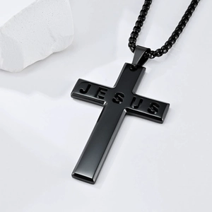 Men's black stainless steel cross necklace with JESUS relief on a modern beaded chain