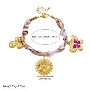 Bracelet chaîne dorée avec ruban en tissu, pendentifs papillon et fleur, longueur 18+5cm