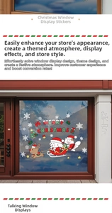 Detailed Christmas window decals showing Santa, reindeer, and snowflakes on a store window