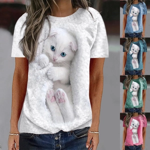 Collage de tee-shirts col rond pour femmes avec imprimés de chats en 3D de diverses couleurs