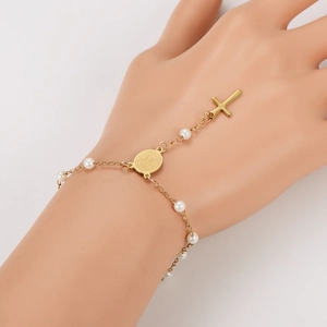 18k vergoldetes Edelstahl-Sklavenarmband mit Perlen und religiösem Kreuzanhänger