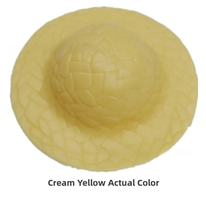 Detailed view of miniature 5cm beige plastic straw hat with realistic woven texture