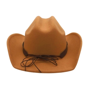 Detail of camel felt fedora hat featuring a brown leather band and decorative bow tie