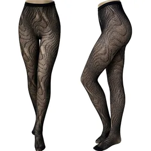 Sexy Water Ripple Fishnet Tights For Women High Waist Striped Hollow Out Nylon Stockings Elastic Fashion Hosiery