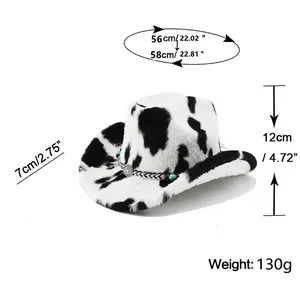 Chapeau de cowboy en peluche à motif vache avec bande décorative et perles turquoise