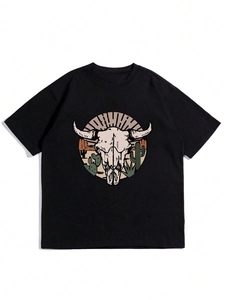 Detailed view of western style bull skull and cactus print on black cotton t-shirt