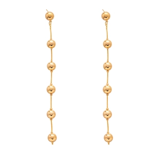 Elegant gold bead tassel drop earrings with long linear chains and polished metallic finish