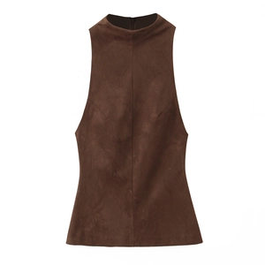 Débardeur Femme Daim Synthétique Col Montant Sans Manches Slim Fit Fermeture Éclair Dos Couleur Unie Chic Minimaliste
