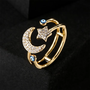 Copper Zircon Open Ring Adjustable Gold Plated Star Moon And Evil Eye Bohemian Fashion Jewelry For Women