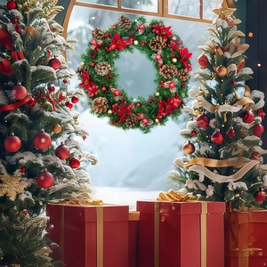Symmetric festive Christmas scene with wreath, decorated trees and red gift boxes by window